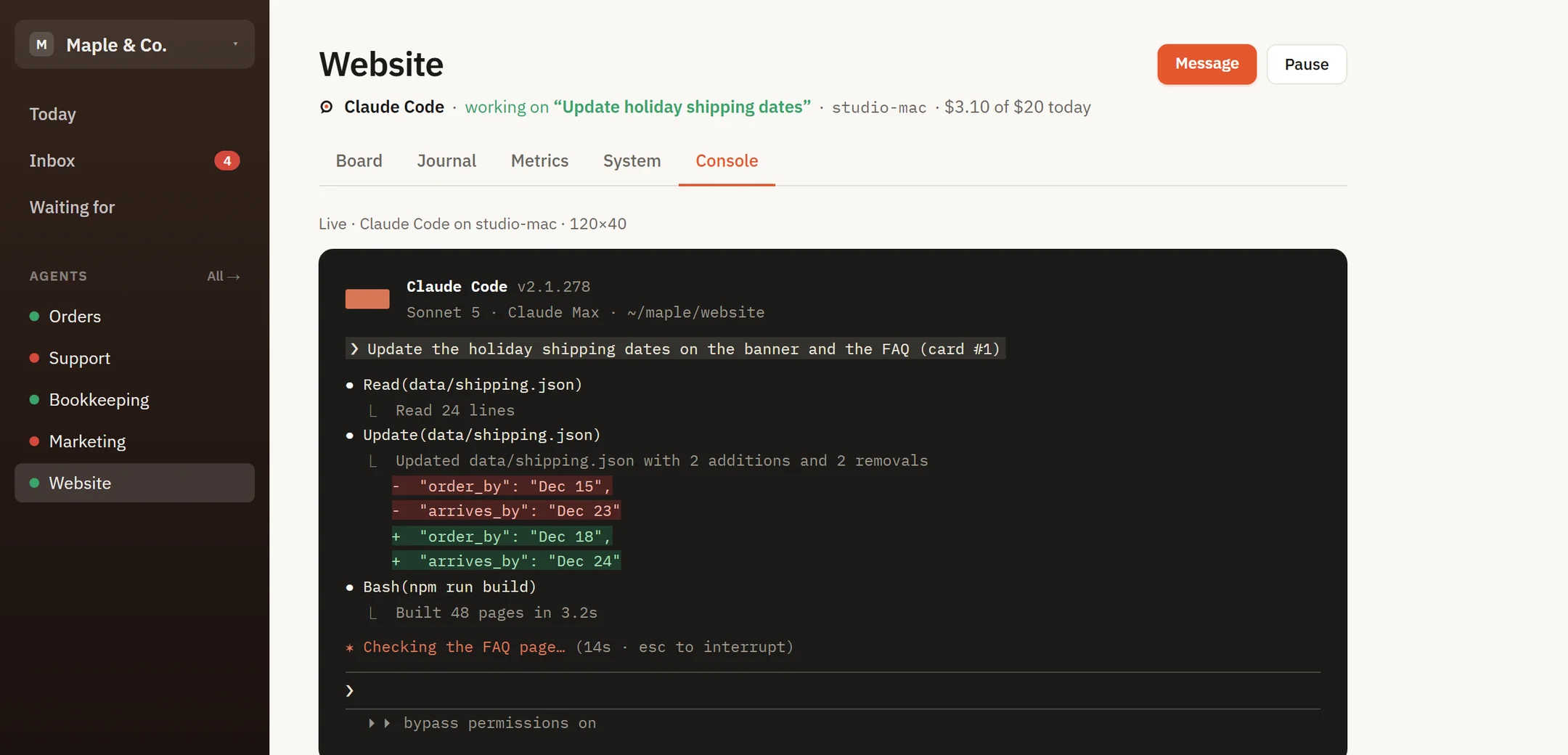The Website agent's Console: Claude Code updating the shipping dates.