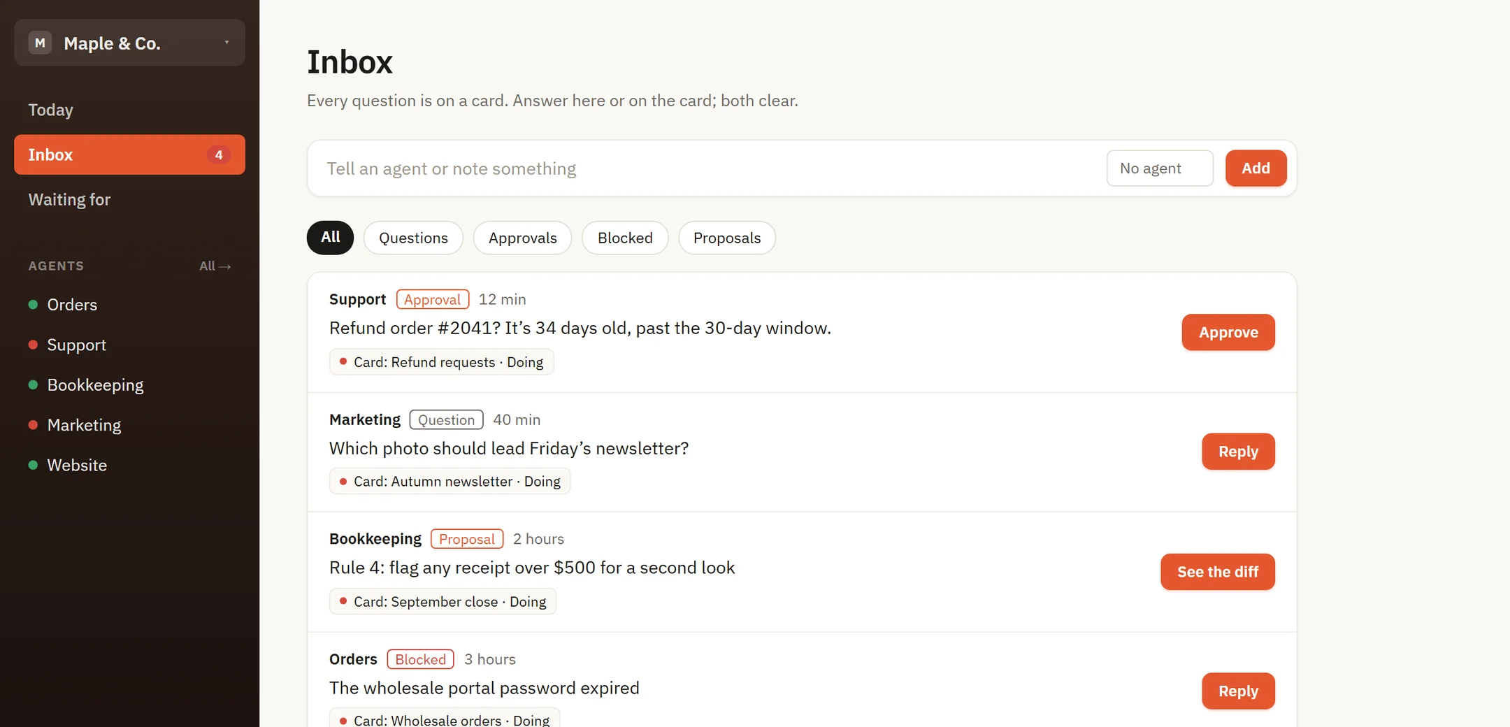 Ordence's Inbox: four questions from the agents, each with its answer button.